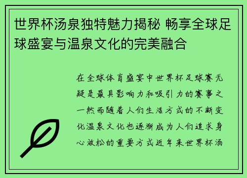 世界杯汤泉独特魅力揭秘 畅享全球足球盛宴与温泉文化的完美融合